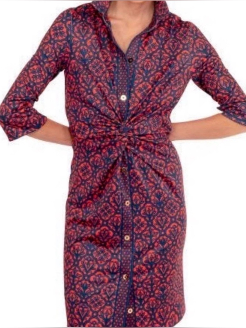 Gretchen Scott Designs Navy and Red Printed Twist-Front Shirt Dress